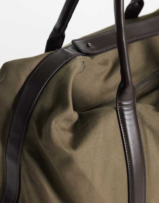 ASOS DESIGN - bolsa de viaje de lona caqui con asas marrones en contraste, 3 de 4