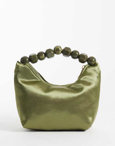 ASOS DESIGN bolso clutch satinado con asa de bola de resina en caqui - view 1
