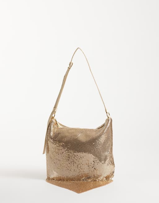 ASOS DESIGN bolso de hombro drapeado de cota de malla en dorado pálido, 2 de 4