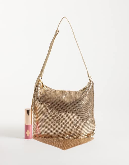 ASOS DESIGN bolso de hombro drapeado de cota de malla en dorado pálido, 3 de 4