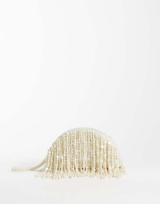 ASOS DESIGN - bolso de mano tipo clutch con perlas y abalorios en crema