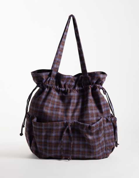 ASOS DESIGN - bolso tote con bolsillo fruncido a cuadros morados y azules - view 1