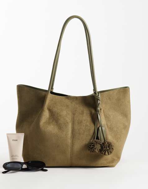 ASOS DESIGN - bolso tote de ante sintético con asas tubulares, bolsa interior y detalle de charm desmontable en verde - view 1