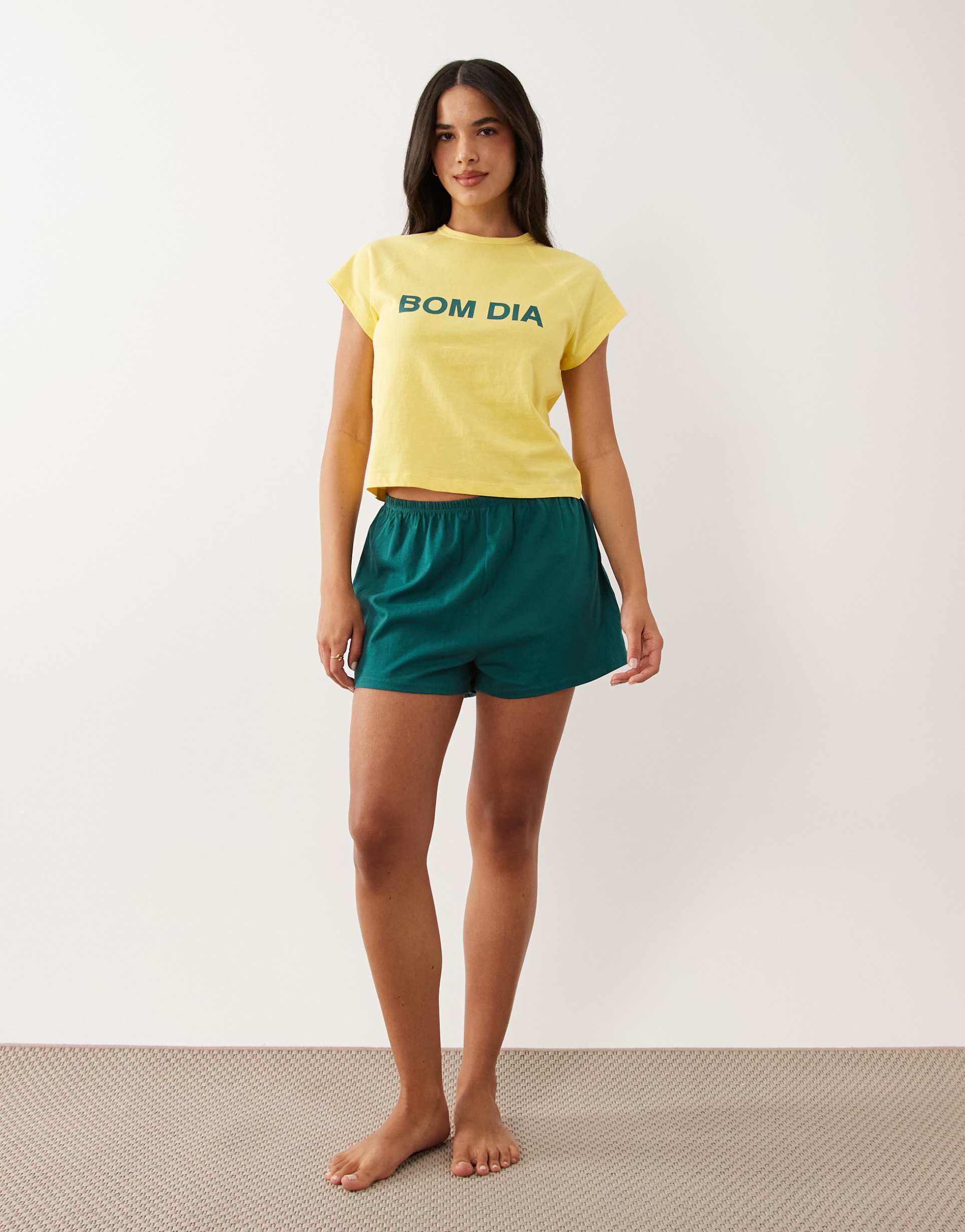 asos design bom dia short sleeve baby tee & shorts pajama set in yellow and green