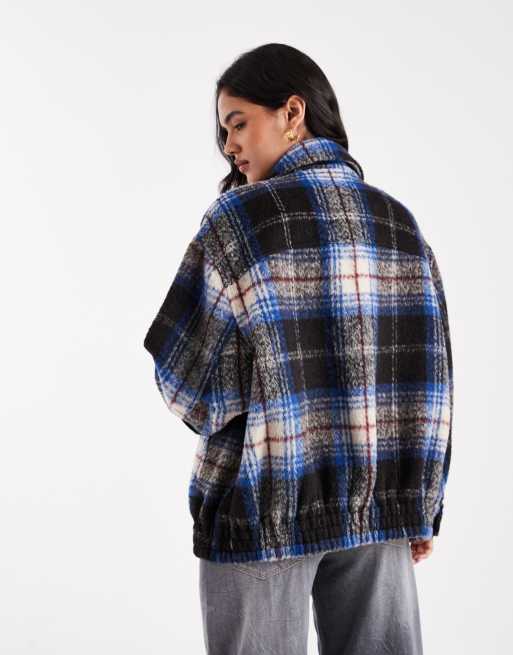 ASOS DESIGN - Bomber à carreaux avec col en laine mélangée - Noir et bleu, 2 de 4
