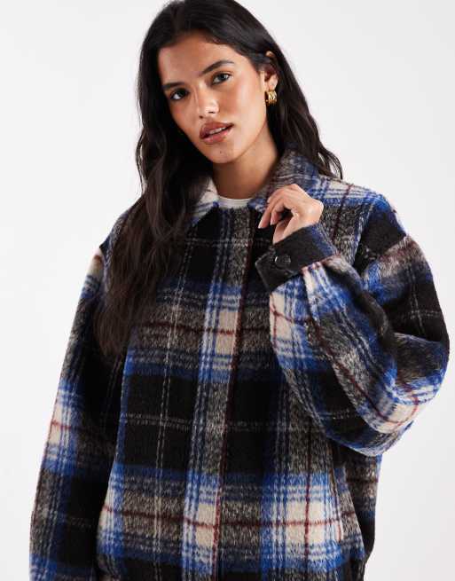 ASOS DESIGN - Bomber à carreaux avec col en laine mélangée - Noir et bleu, 4 de 4