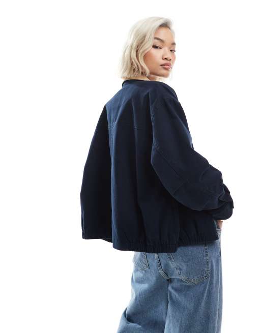 ASOS DESIGN bomber barn jacket with camel collar in navy, 3 of 4