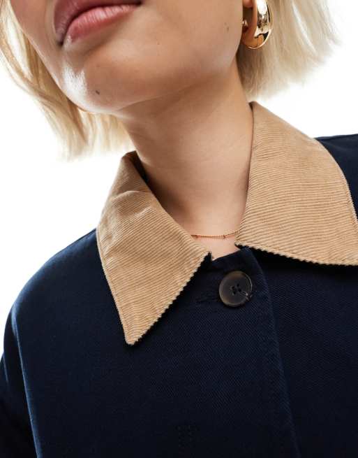 ASOS DESIGN bomber barn jacket with camel collar in navy