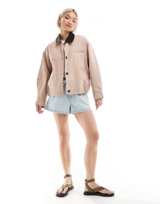 Asos Design Bomber Barn Jacket With Choc Collar In Neutral
