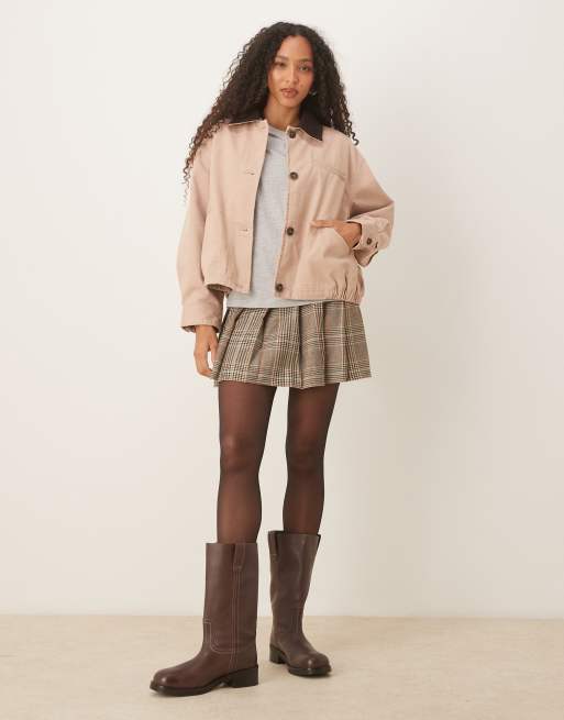 ASOS DESIGN bomber barn jacket with chocolate collar in dusty pink