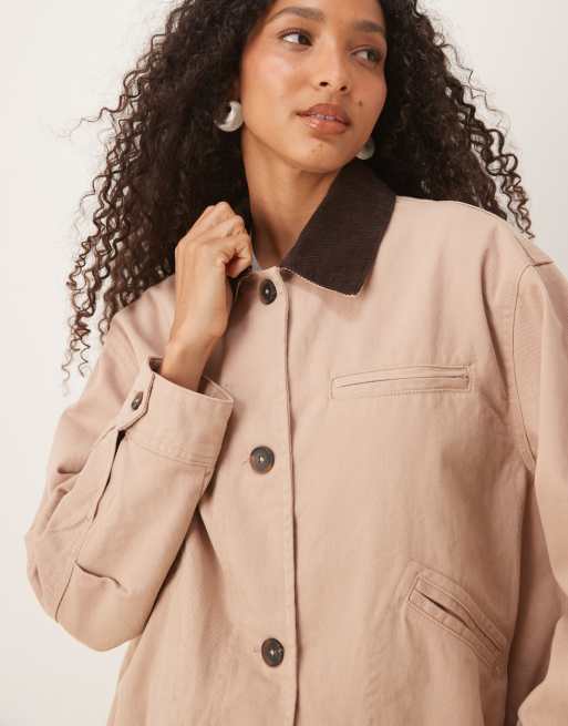 ASOS DESIGN bomber barn jacket with chocolate collar in dusty pink