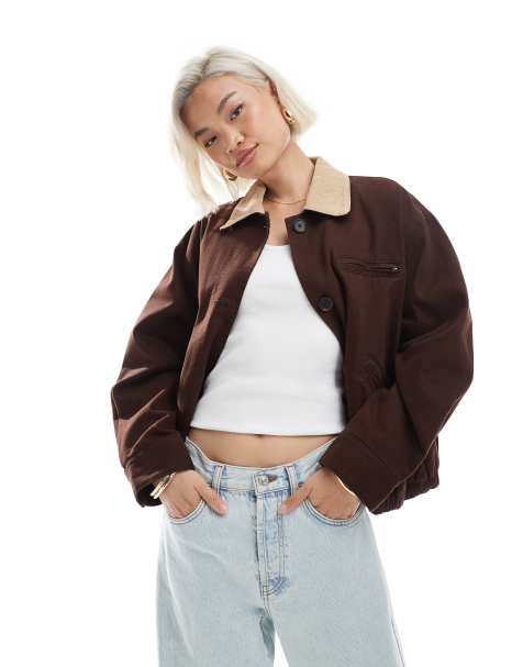 ASOS DESIGN bomber barn jacket with stone collar in chocolate - view 1