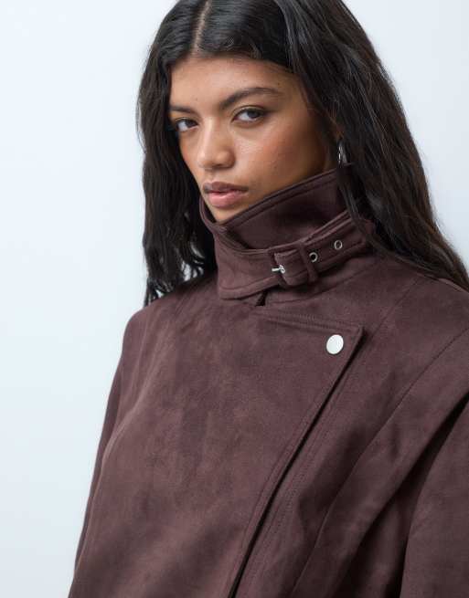 ASOS DESIGN bomber-biker i imiteret ruskind med ballonkant i brun, 5 af 5