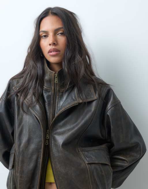 ASOS DESIGN bomber en cuir véritable à double épaisseur en marron délavé, 4 de 4
