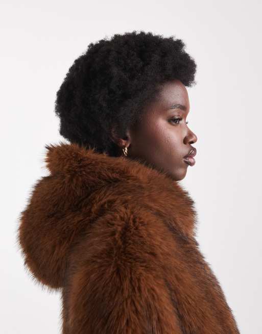 ASOS DESIGN - Bomber en fausse fourrure à capuche avec liserés contrastants - Gingembre, 3 de 4