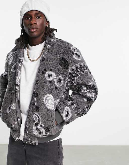 ASOS DESIGN - Bomber en imitation peau de mouton à imprimé cachemire - Gris