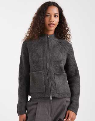 ASOS DESIGN - Bomber en maille côtelée style pêcheur avec détail poche - Anthracite-Gris