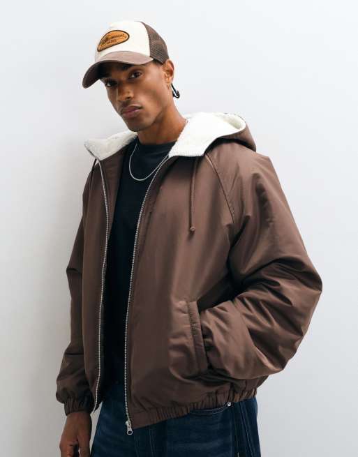 ASOS DESIGN bomber en nylon avec bordure effet peluche sur la capuche, marron, 3 de 5