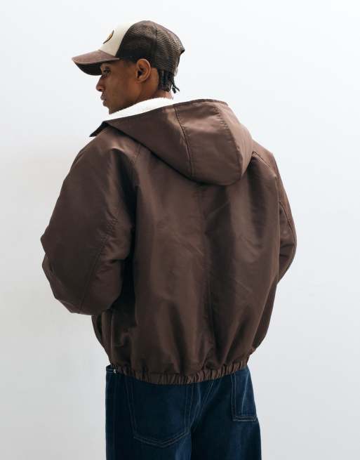 ASOS DESIGN bomber en nylon avec bordure effet peluche sur la capuche, marron, 4 de 5