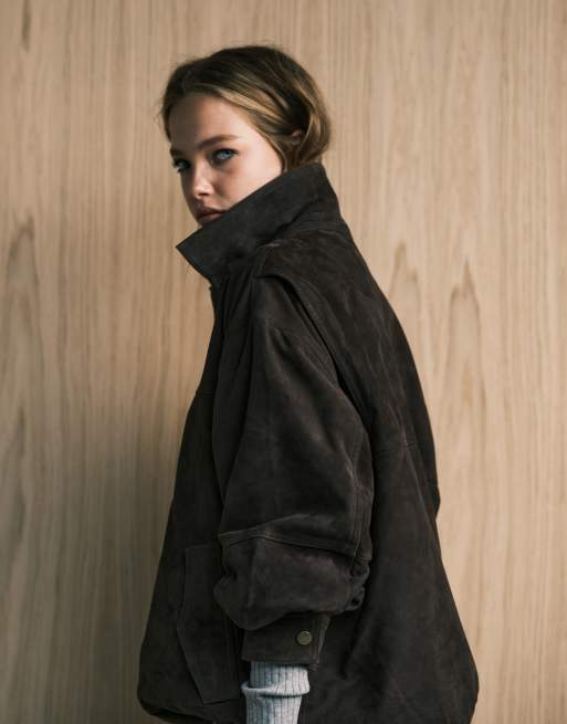 ASOS DESIGN - Bomber harrington in vero camoscio color cioccolato scuro, 2 di 4