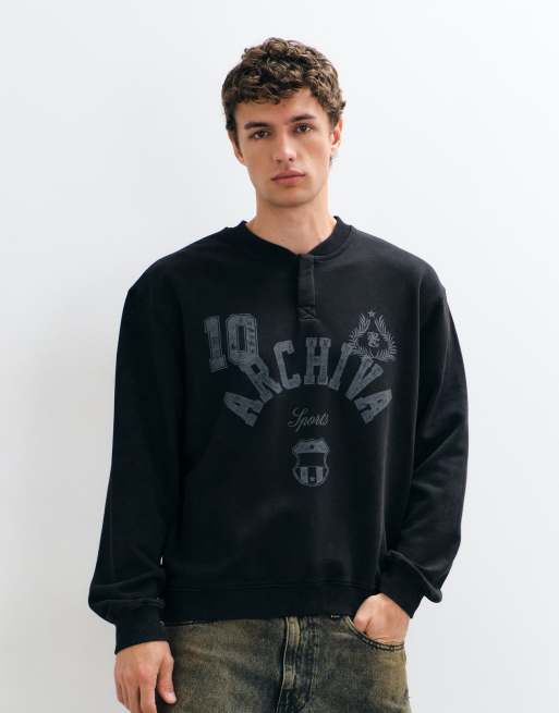 ASOS DESIGN bomber henley relaxed boxy con lavaggio acid e stampa pigmentata nero, 3 di 5