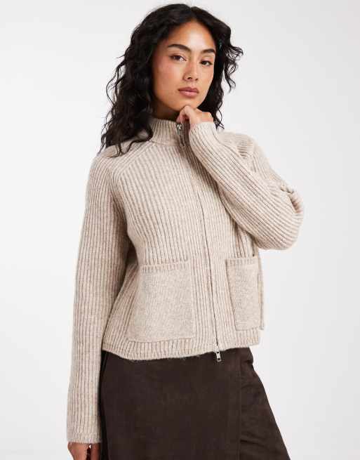 ASOS DESIGN - Bomber in maglia lavorata a coste inglesi color avena con tasche