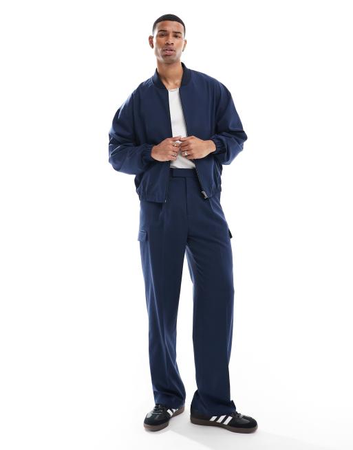 ASOS DESIGN bomber jacket and pants smart set with pocket detailing in navy