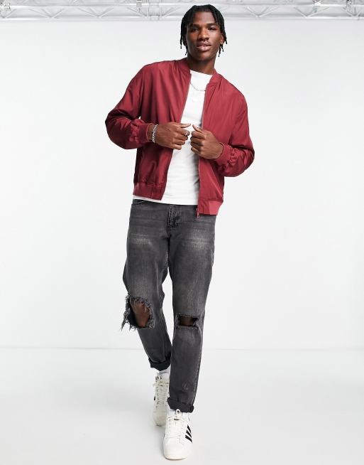 ASOS DESIGN lightweight bomber jacket in burgundy