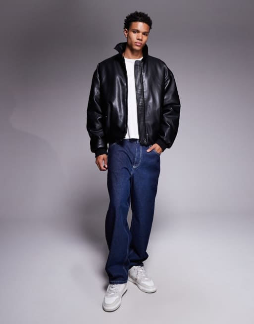 ASOS DESIGN bomber jacket in faux leather in black