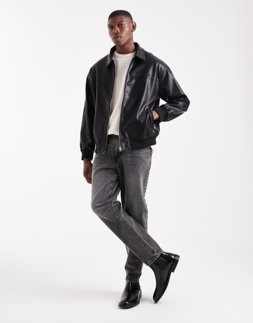 ASOS DESIGN bomber jacket in faux leather with print detail in black, 2 of 5