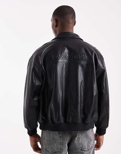 ASOS DESIGN bomber jacket in faux leather with print detail in black, 3 of 5