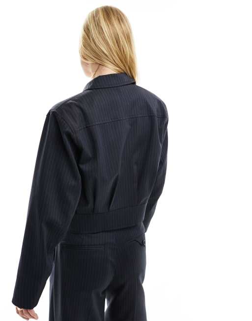 ASOS DESIGN bomber jacket in navy pinstripe (part of a set), 3 of 4