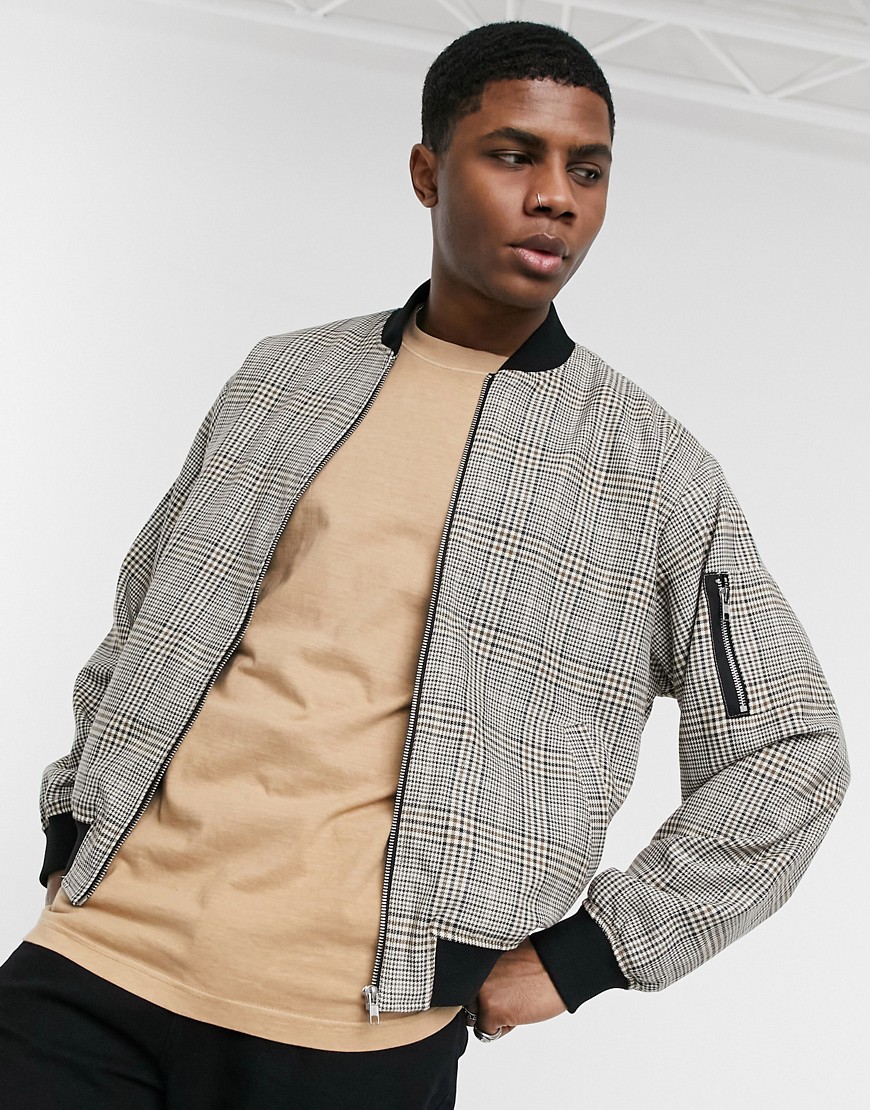 ASOS DESIGN bomber jacket in stone plaid with MA1 pocket-Beige