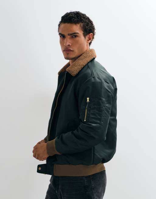 ASOS DESIGN bomber jacket with contrast borg collar in green, 3 of 5