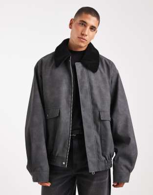 Asos Design Bomber Jacket With Contrast Teddy Collar In Gray
