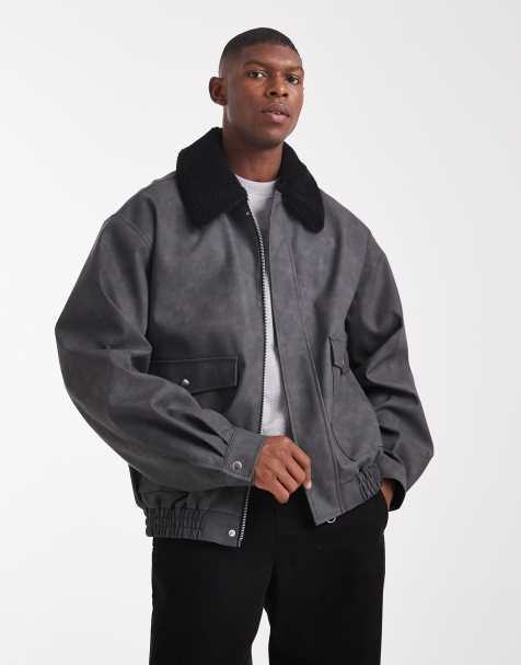 ASOS DESIGN bomber jacket with contrast teddy collar in gray - view 1