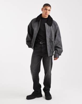 Asos Design Bomber Jacket With Contrast Teddy Collar In Gray