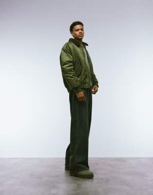 Asos Design Bomber Jacket With Faux Fur Collar In Green