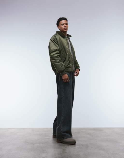 ASOS DESIGN bomber jacket with faux fur collar in khaki green