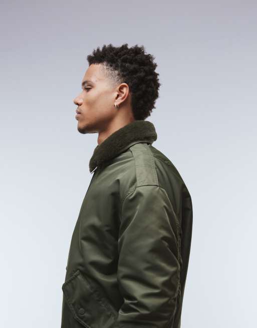 ASOS DESIGN bomber jacket with faux fur collar in khaki green