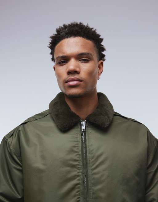 ASOS DESIGN bomber jacket with faux fur collar in khaki green