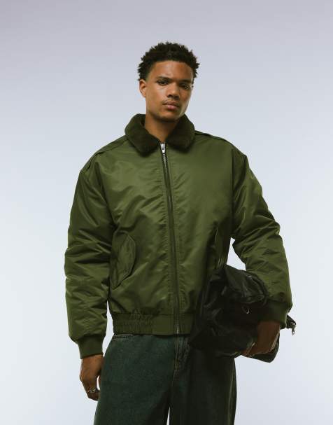 ASOS DESIGN bomber jacket with faux fur collar in khaki - view 1