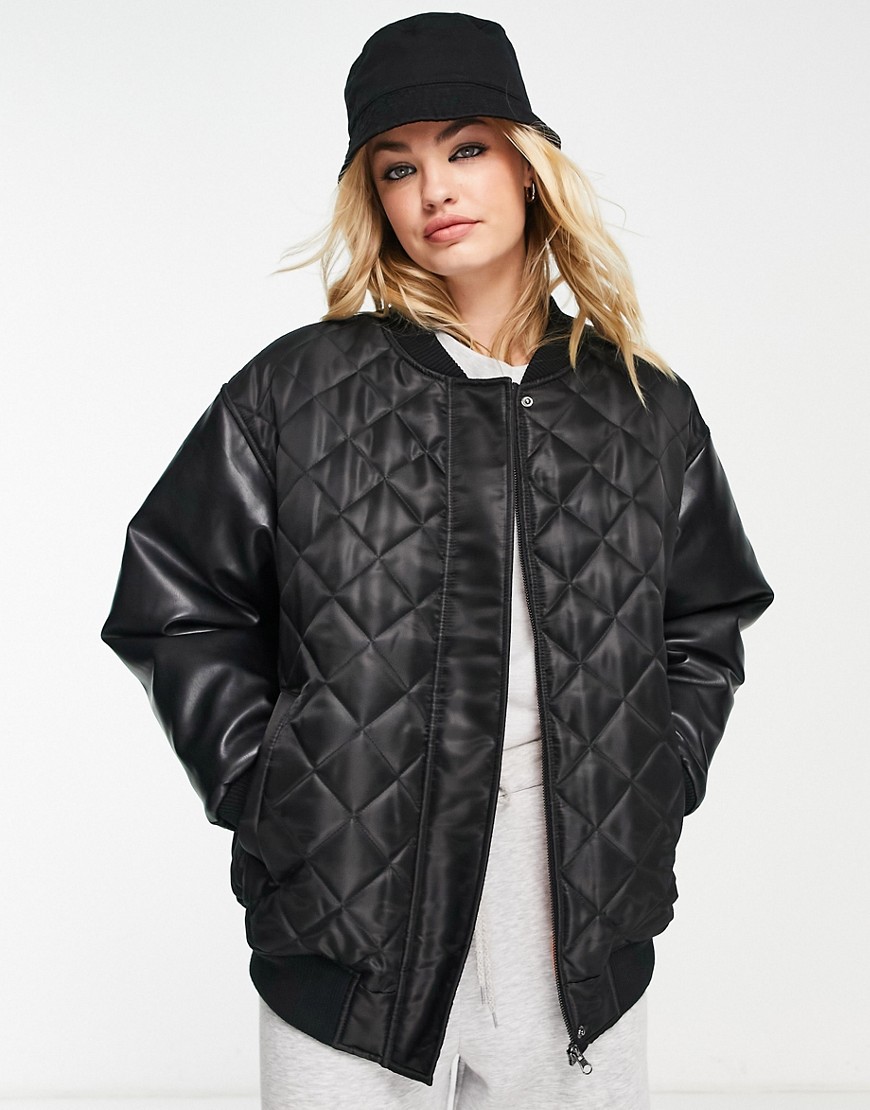 ASOS DESIGN bomber jacket with faux leather sleeves in black