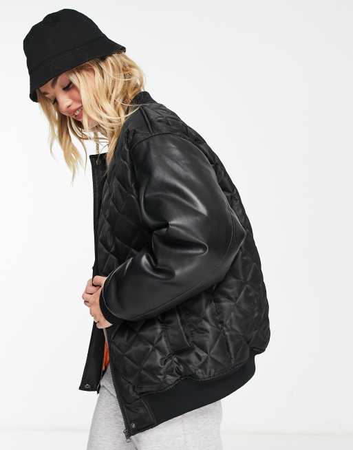 ASOS DESIGN bomber jacket with faux leather sleeves in black