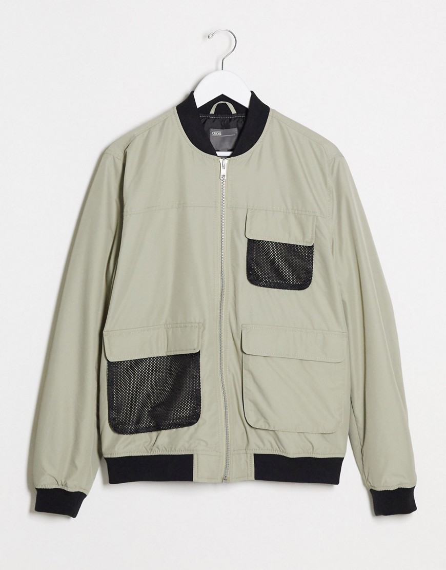 ASOS DESIGN bomber jacket with utility details in gray