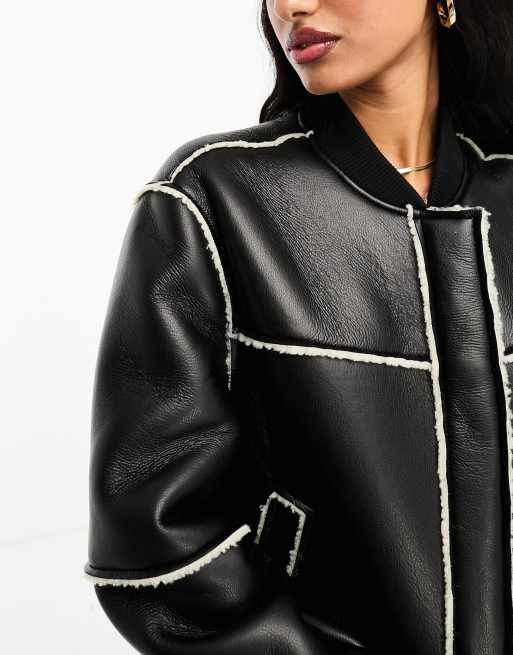 ASOS DESIGN - Bomber-jakke med imiteret lammeskind i sort og cremehvid, 3 af 4