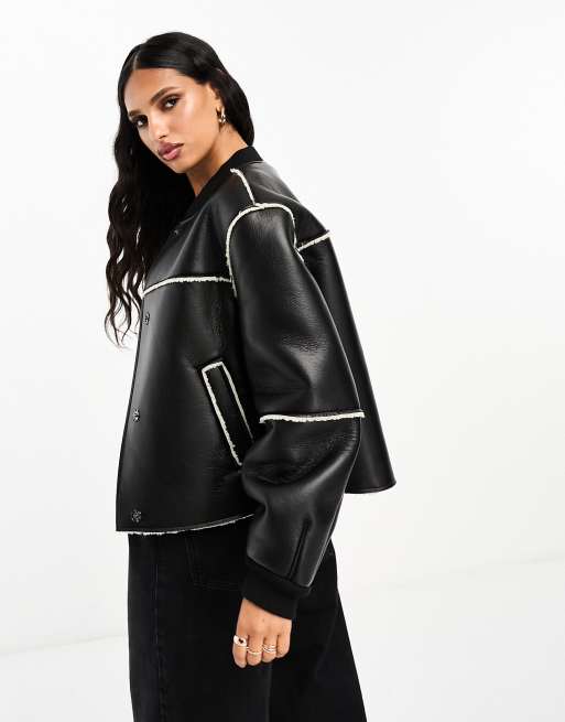 ASOS DESIGN - Bomber-jakke med imiteret lammeskind i sort og cremehvid, 4 af 4