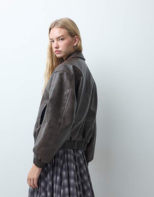 ASOS DESIGN bomber oversize effet cuir marron délavé, 3 de 4