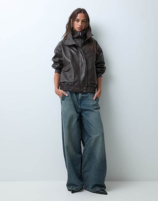 ASOS DESIGN bomber oversize effetto pelle con collo a imbuto color cioccolato, 1 di 5