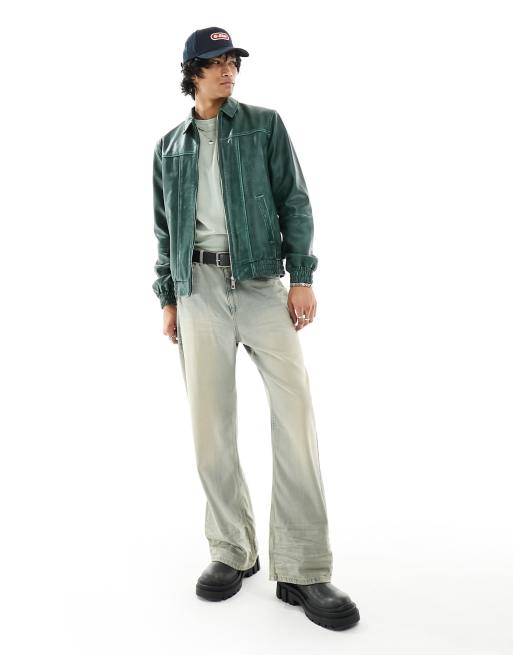 ASOS DESIGN - Bomber oversize en cuir véritable effet usé à coutures apparentes - Vert, 2 de 4